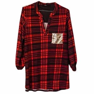 Boutique buffalo plaid and sequin 3/4 sleeve top